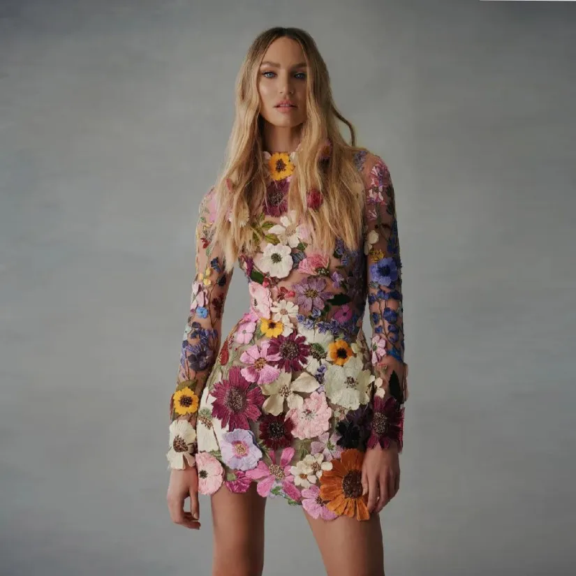 

Modern Floral Mini Cocktail Dresses With Flower Full Sleeve Mini Short Women Dresses Prom Party Sheer Colorful