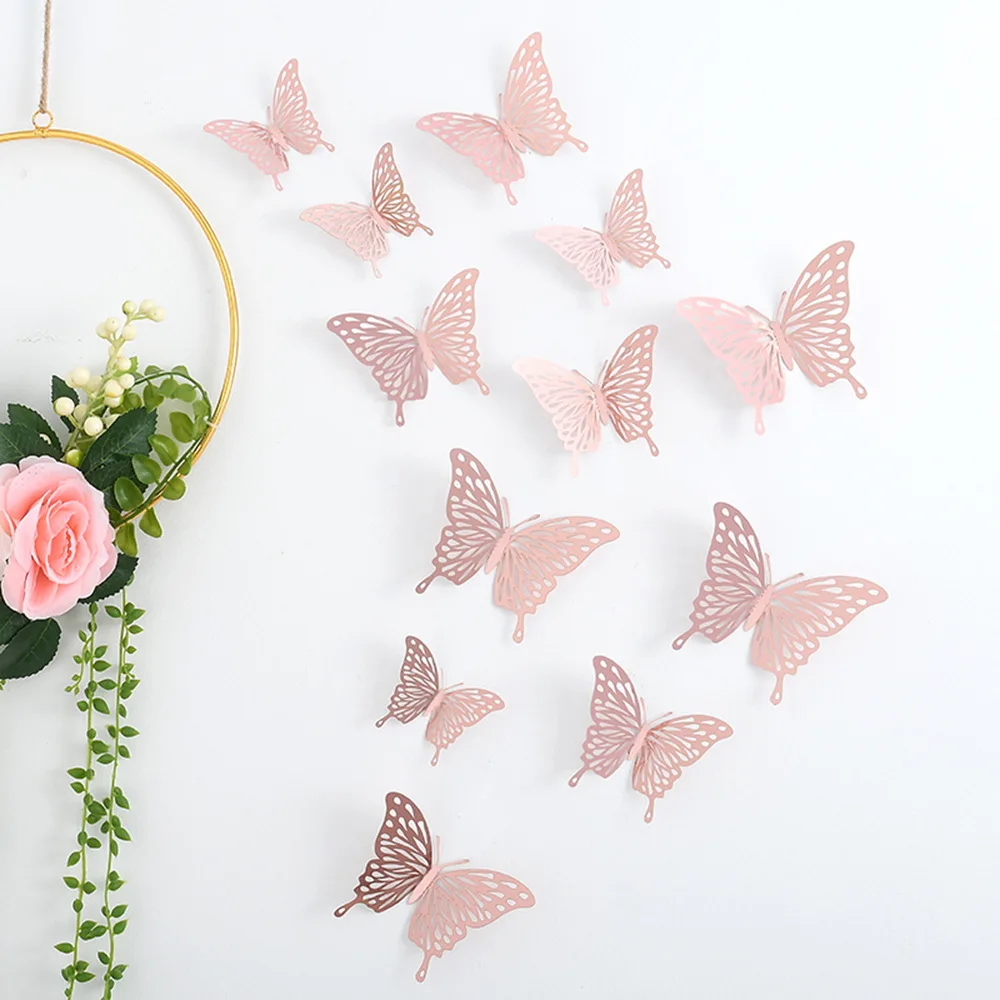 NEW 12Pcs 3D Hollow Butterfly Wall Sticker Home Decoration Kids Room Party Wedding Decor Rose Gold Butterfly Fridge DIY Stickers