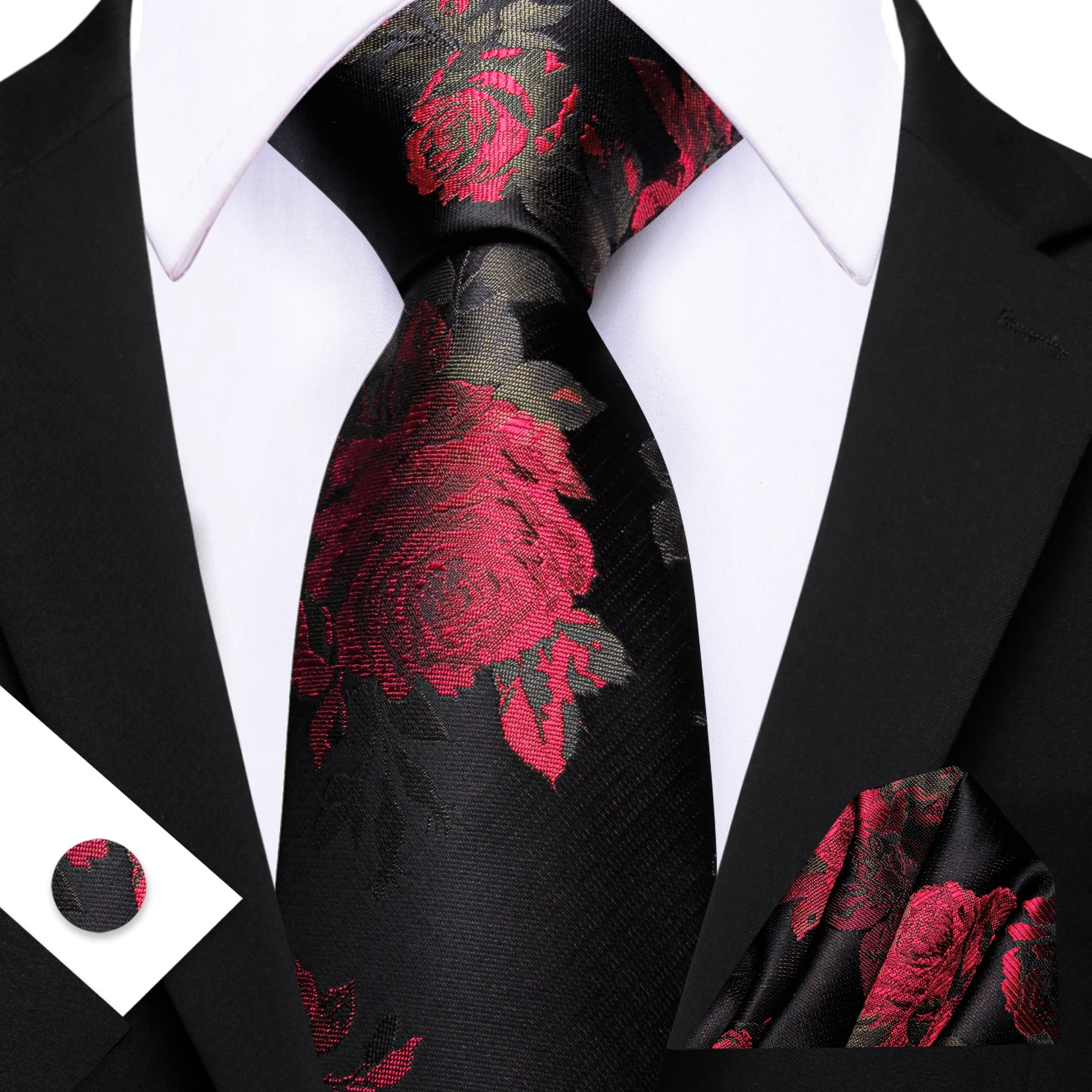 Herren-Krawatte, gelb, golden, schwarz, rot, Blumenmuster, Einstecktuch, Manschettenknöpfe, Set, Krawatte, formelle Hochzeit, Abendessen, Party, Geschenk – Detail 7