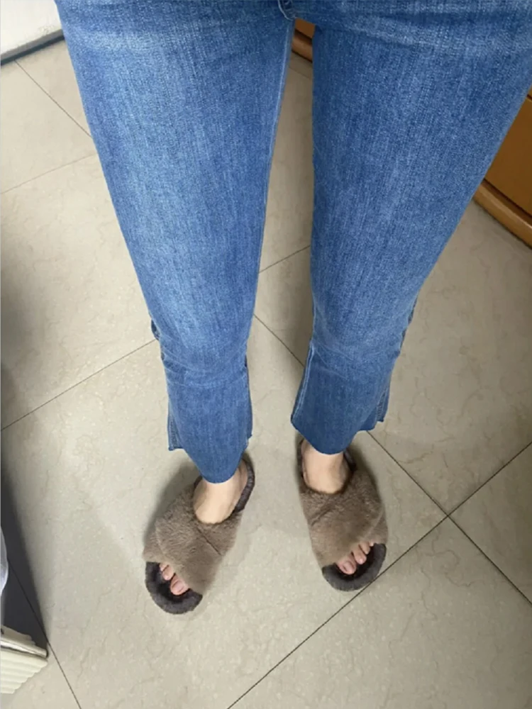 Retro Blue Flared Jeans Women's Large Size Elastic Casual Cropped Horseshoe Pants Trousers Cargo Women Japanese Streetwear
