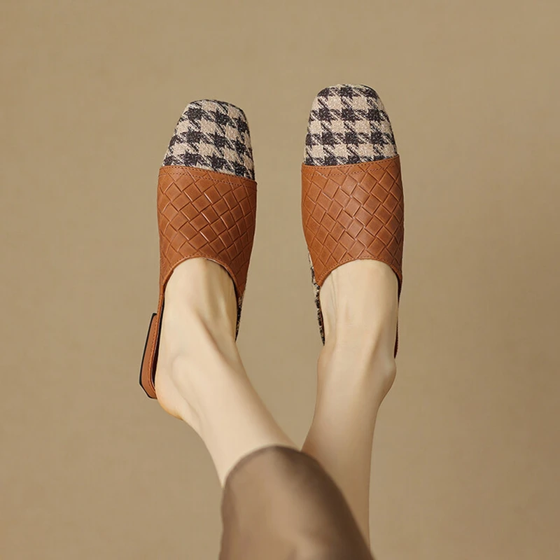 

Summer Women Slippers Cotton Fabric Women Sandals Cover Toe Chunky Heel Mules Genuine Leather Shoes for Women Slingback Sandals