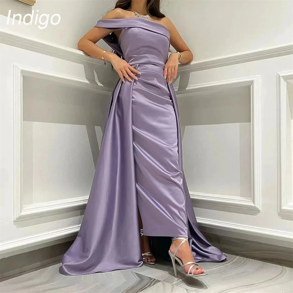 

Indigo Prom Dress 2024 Mermaid Off The Shoulder Strapless Pleat Ankle-Length Open Back Satin Evening Gowns For Women فساتين الس