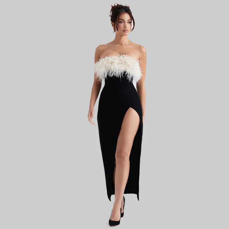

European and American Independent Station Popular off-Shoulder Contrast Color Ostrich Hair Tube Top High Slit Bandage One-Piece