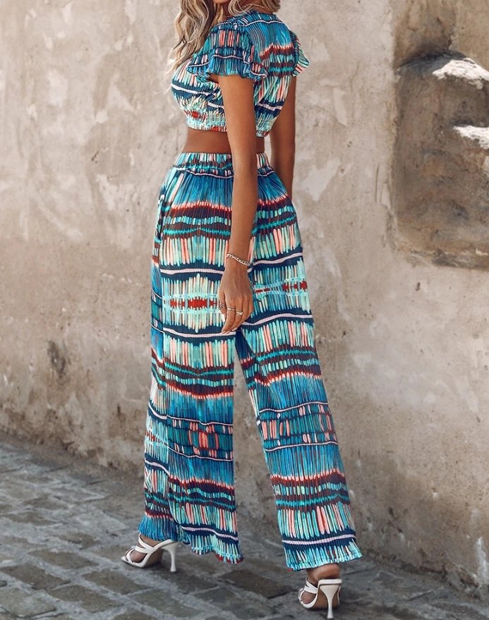 Pants Set Women 2 Piece Striped Buttoned Short Sleeve Ruched Crop Top Women Outfit 2024 Summer Drawstring Pants Two Piece Set