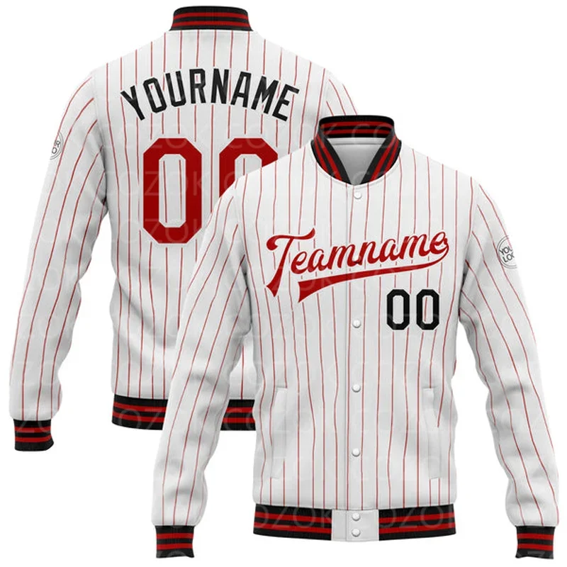 Custom White Red Color 3D Printed Baseball Button Jacket Bomber Full-Snap Varsity Letterman Jacket