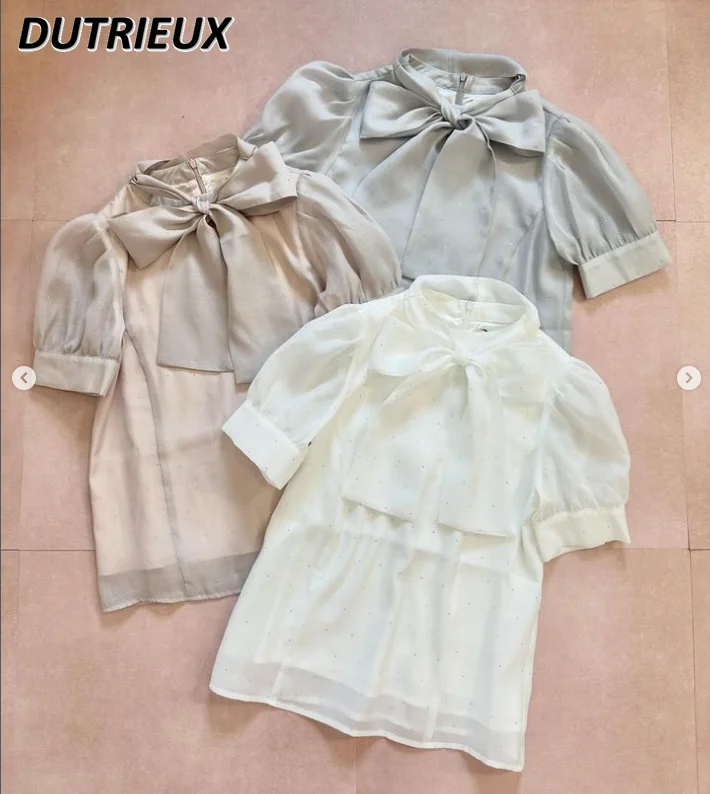 Japanese Style Big Bow Lace-up Top Rhinestone Simple Solid Color Shirt Summer New All-Match Sweet Cute Girls Short Sleeve Blouse