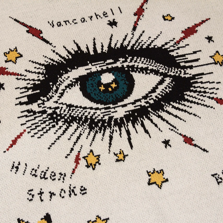 Eyes Graphic Sweater Streetwear Harajuku Hip Hop Oversized Knit Sweater Beige Jumper Men Y2K Pullover Knitted Sweaters 5