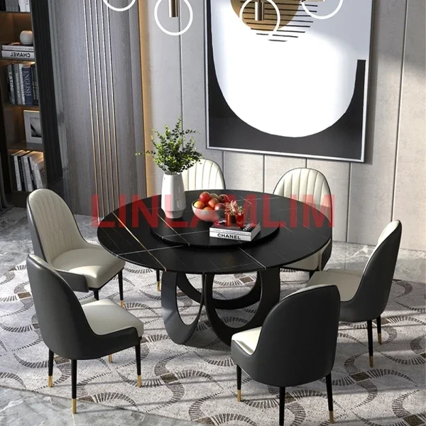 MANBAS Dining Room Furniture, Sintered Stone Table Set Featuring 6 Leather Chairs and Stainless Steel Design / Kitchen Furniture
