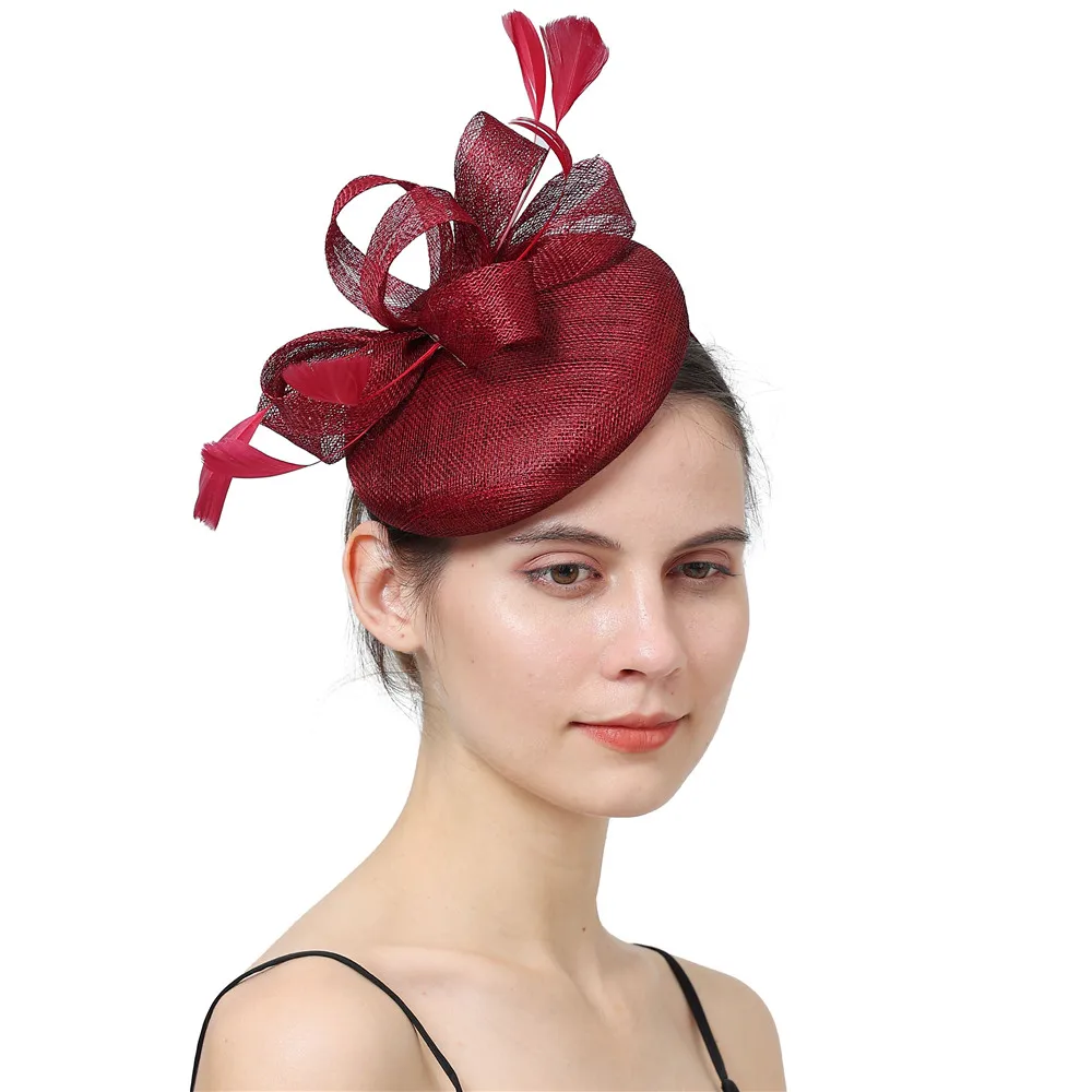

4-Layer Sinamay Fascinators Wine Women Wedding Church Fascinator Hats Chapeau Elegant Ladies Party Tea Race Headwear With Clips