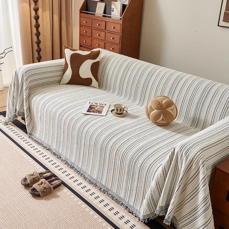 Simple Solid Color Sofa Cover Green Chenille Stripe Pattern One-Piece Sofa Towel Universal Sofa Covers Decor Living Room 3