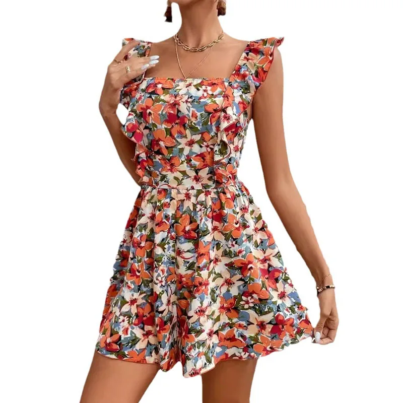 Floral Summer Fashion New Woman Elegance Comfortable Sleeveless Square Neck Printing Elastic Waist Lacing Loose Jumpsuit Shorts