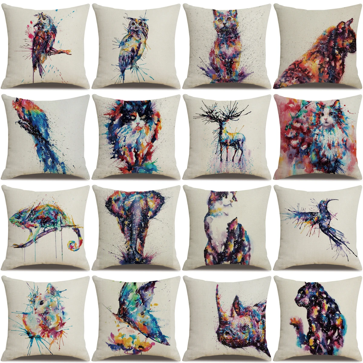

ZHENHE Colored Ink Painting of Animal Linen Pillow Case Home Decoration Cushion Cover Bedroom Sofa Decor Pillow Cover 18x18 Inch
