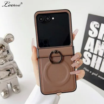 Luxury Ring Holder Leather Case for Samsung Galaxy Z Flip 7 6 5 zflip 3 4 Magnetic Bracket Stand Matte Shockproof Cover 1