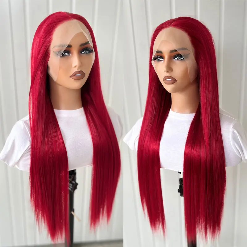 

Длинные прямые синтетические кружевные передние парики красного цвета от bomshell, бесклеевые высококачественные термостойкие волоконные натуральные волосы для женщин