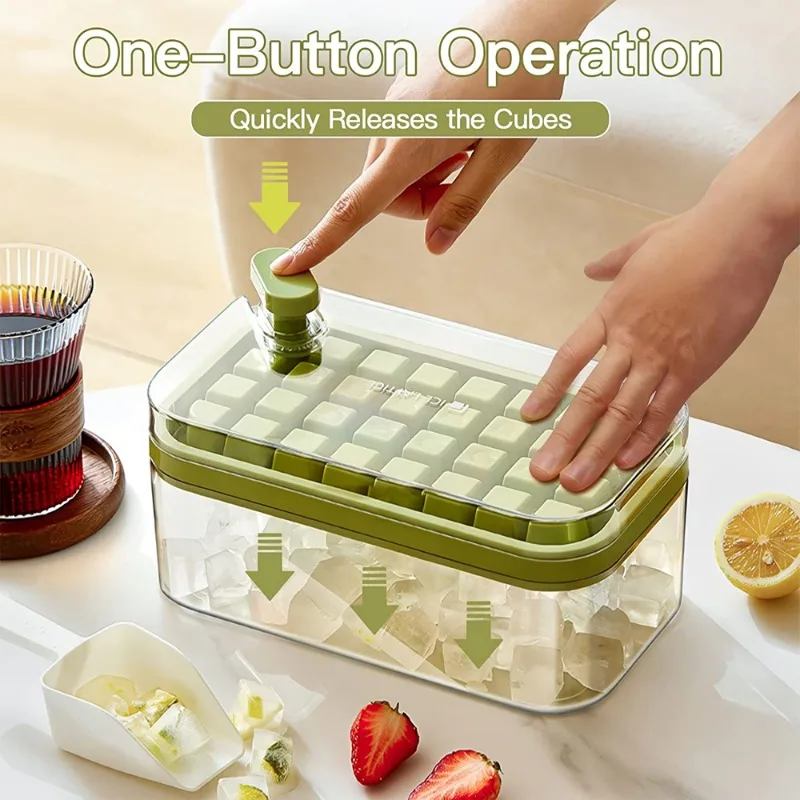 GROFRY 1 Set Ice Cube Tray Single/Double Layer Multiple Grids Press Button  Design Silicone Ice Mold Tray Storage Box with Shovel Kitchen Tool,Green