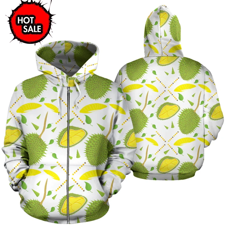 Durian Fruits Graphic Zip Up Hoodies Men Clothing 3D Printing New In Hoodies & Sweatshirts Harajuku Y2k Hooded Pullovers Tops