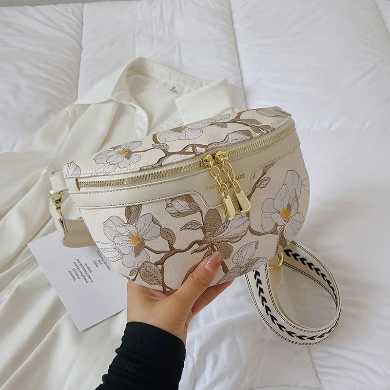 

Elegant Flower Printed PU Leather Waist Bags for Women Chain Zipper Waist Pack Female Fanny Pack Wide Strap Crossbody Chest Bag