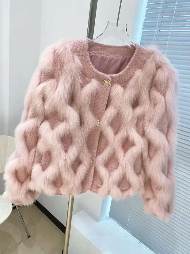 2023 Autumn Winter New White Fox Spokes Short Fur Knitted Elegant Socialite Younger Overcoat Female Furry Jacket Women's Clothes
