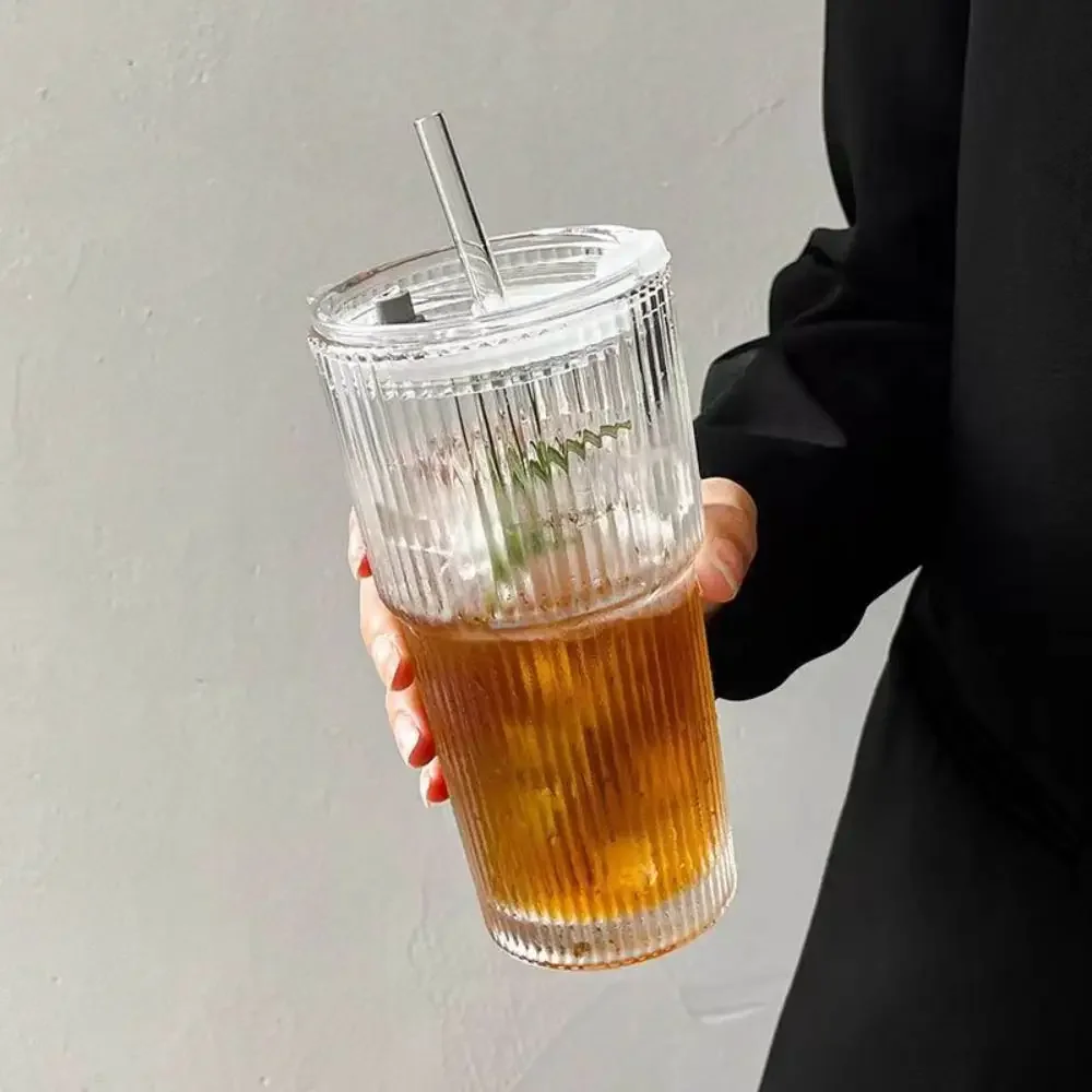 Striped Glass Coffee Cup with Lid and Straw – Clear Glass Drinkware for Coffee, Tea & Water 5