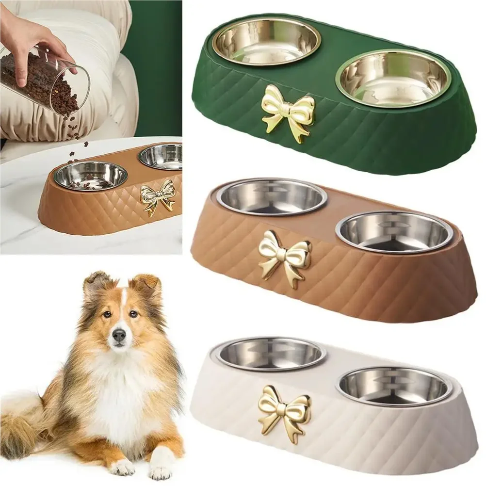 1Set Steel Double Dog Bowl Non-slip Bow Anti Spill Pet Bowl Sturdy Rust-resistant Pet Basin Feeder 1