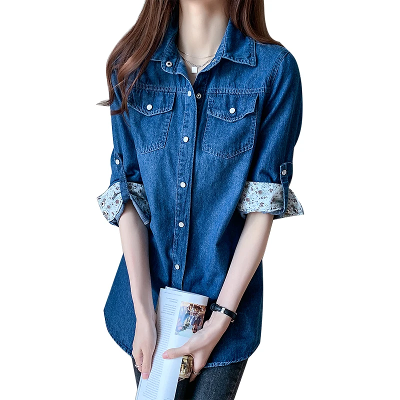 Women's Loose Denim Shirt with Long Sleeves New Spring and Autumn Thin Top Mid To Long Length Jacket and Outer Shirt 11968