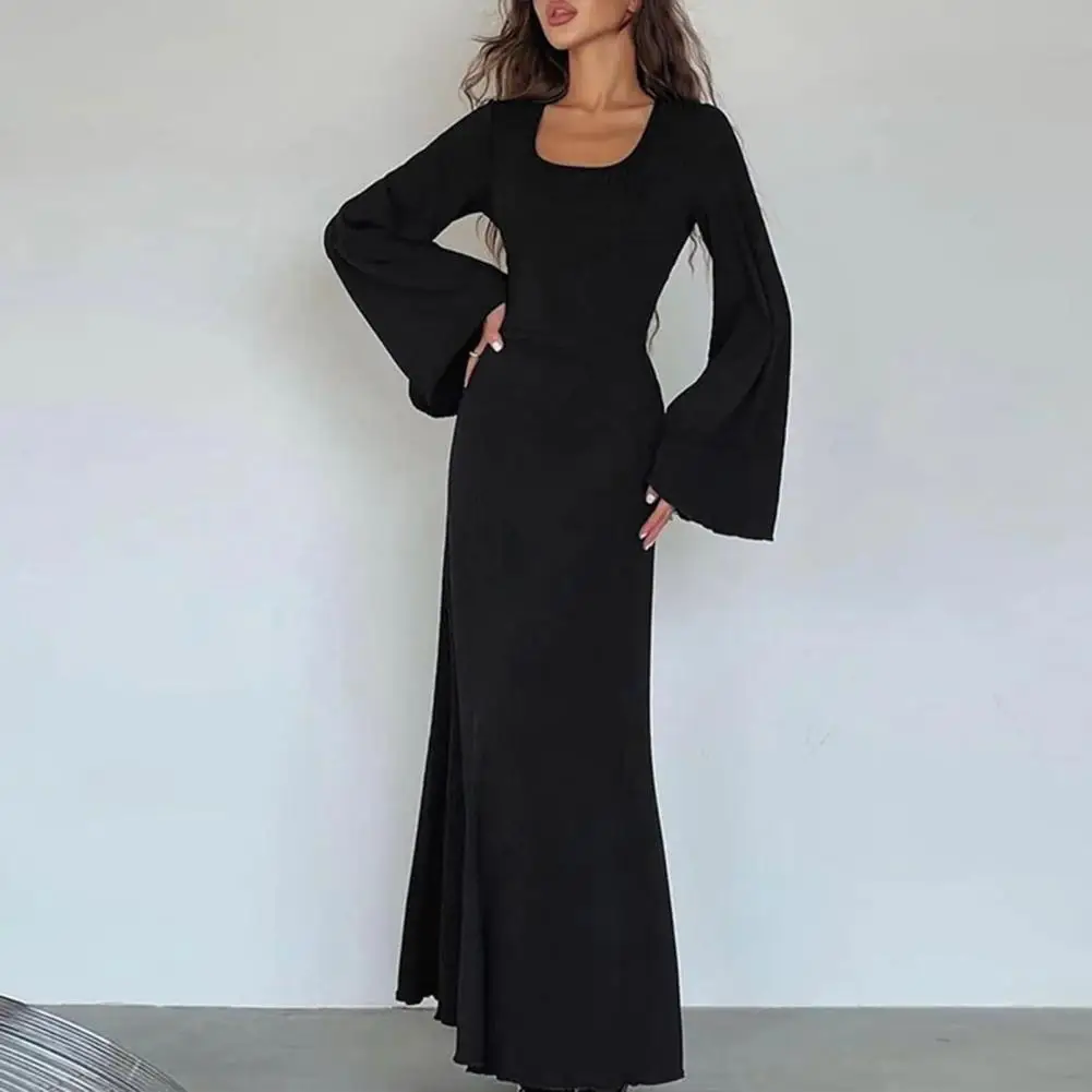 

Solid Color A-line Dress Elegant U Neck Maxi Dress with Long Horn Sleeves Lace Up Back Strap Women's A-line Slim Fit for Formal