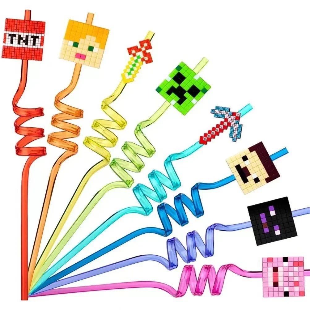 Disposable Straws 6/12pcs Pack My World Pixel 3D Straw Spiral Drinking Straws Children Kids Birthday Party Decorations Juice Straws Baby Shower
