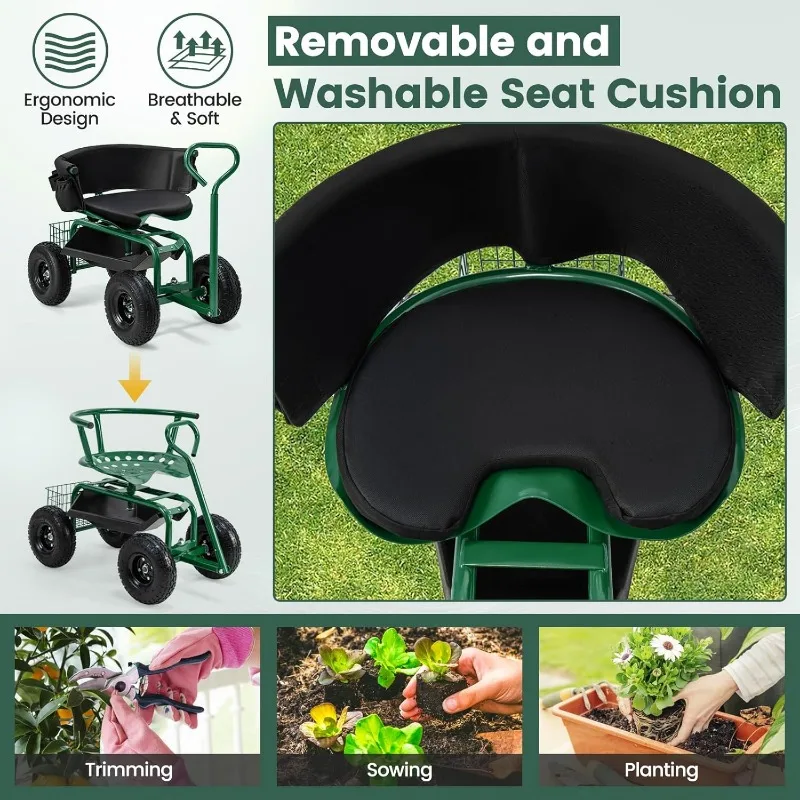 Garden Cart, Outdoor Rolling Garden Scooter W/Adjustable 360 Degree Swivel Seat, Tool Tray & Storage Basket, Extendable