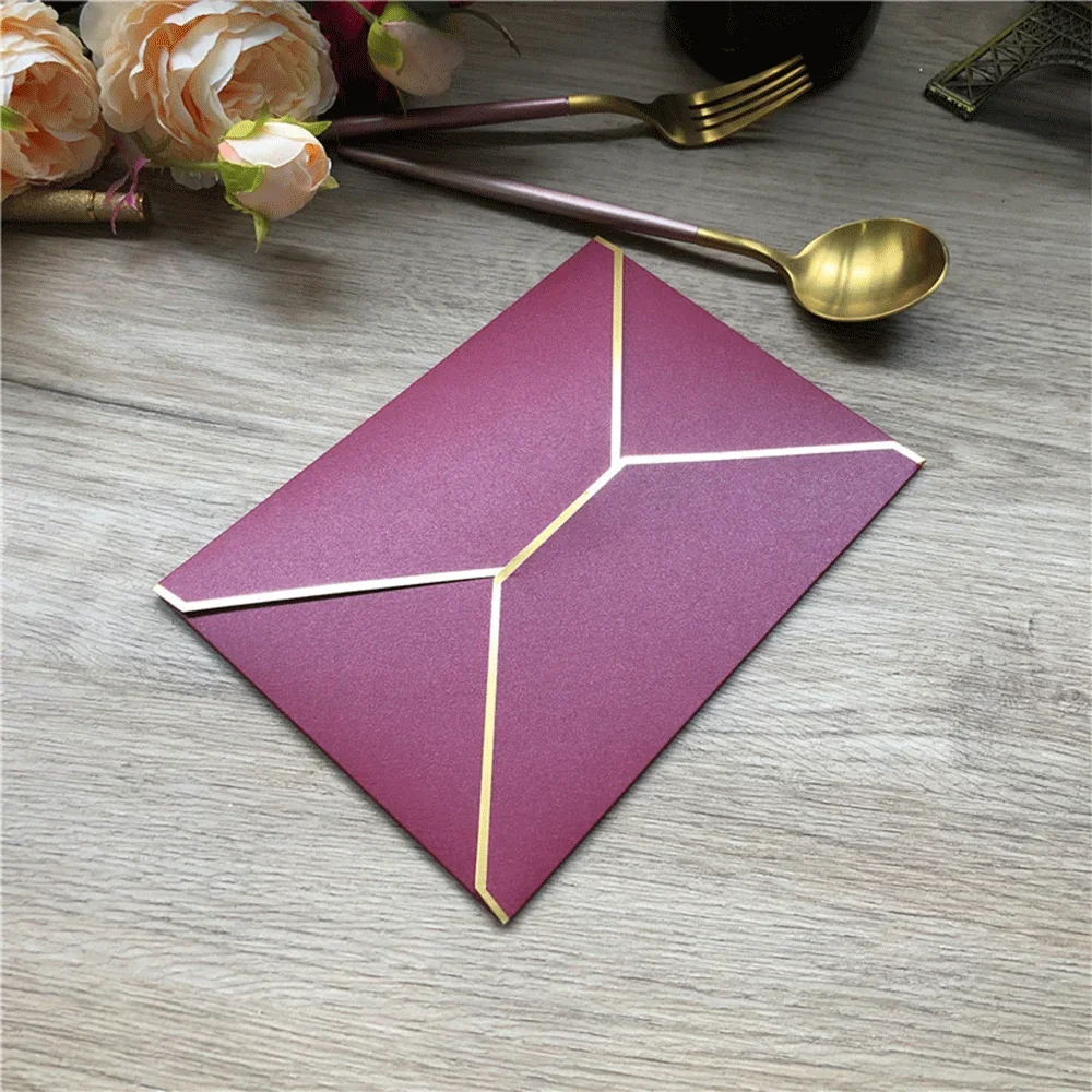 Description Picture 5 of itemThickened A7 Envelope 5 x 7" Solid Color Gold Border V Flap Greeting Card Envelope for Wedding Invitation Baby Shower Graduation