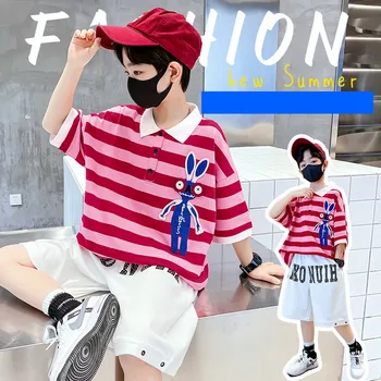2022New 잘 생긴 소년 복장 짧은 소매 줄무늬 인쇄 면화 폴로 의류 티셔츠 반바지 2 개/대/세트 캐주얼 아동 의류