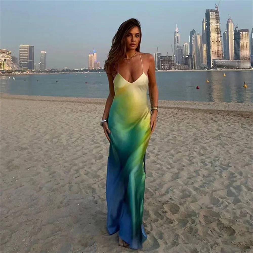 

Women Satin Gradient Sexy Maxi Bodycon Beach Dress Summer Dye Tie Backless Floor-Length Long Dresses Holiday Outfits Robe Mujier