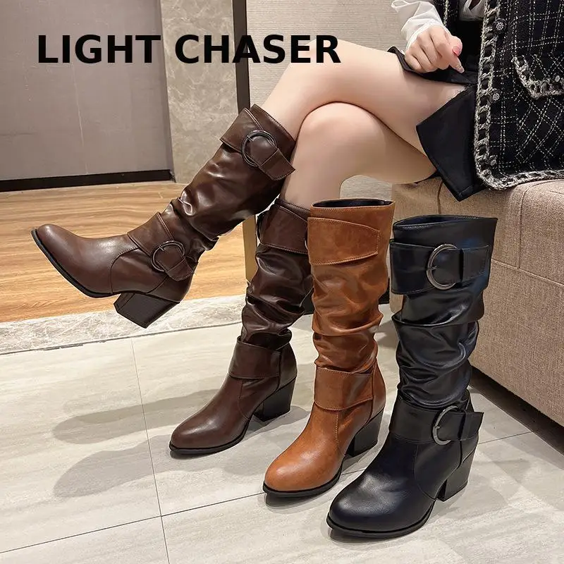 

Autumn And Winter Boots Female 2022 New Large-size High-size Round Head Thick Heel Folded High Heel Boots, But Knee Boots 35-43