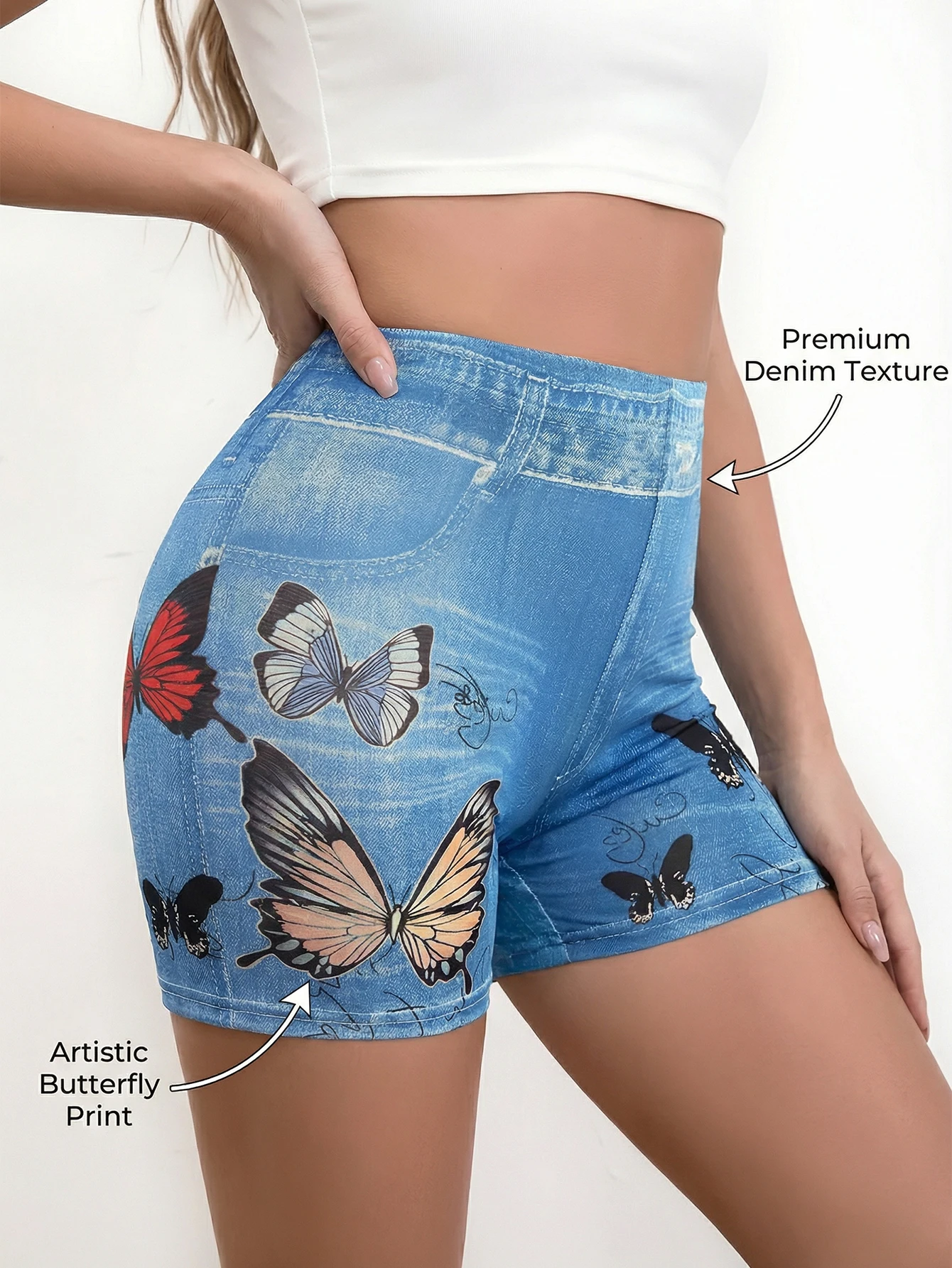 Sommer Damen High-Waist Booty-Lifting Leggings Atmungsaktive Bequeme Faux-Denim Leggings mit Schmetterlingsmuster Perfekt für Yoga und Freizeitkleidung – Detail 2