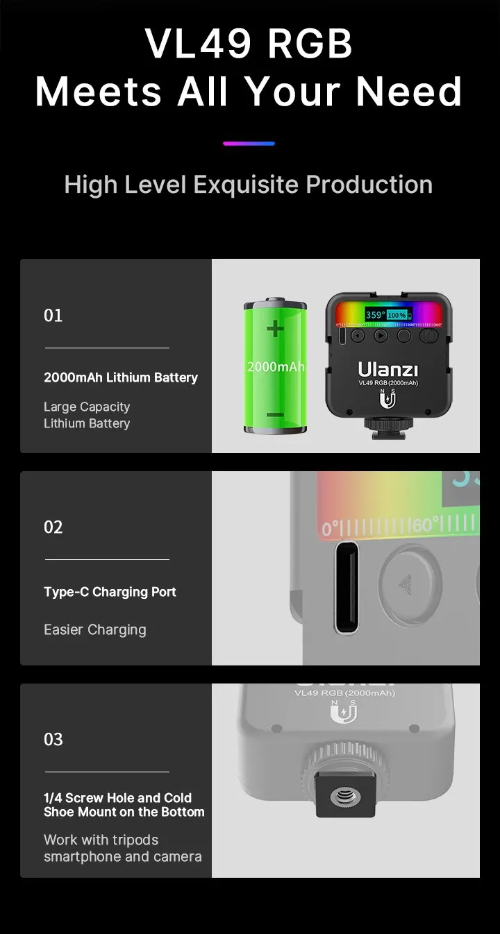 Ulanzi VL49 RGB LED Light features
