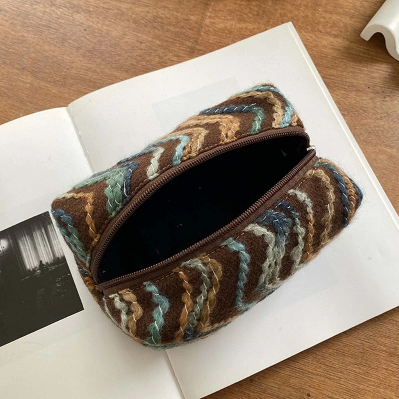 Versatile Woolen Striped Makeup Bag Suitable for Travel Office and Daily Use