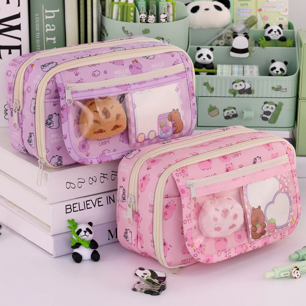 9-Layer Large Capacity Pen Bag Capybara/Panda Canvas Pencil Case Creative Simple Stationery Storage Pouch Lovely Student Gift 6