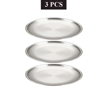3Pcs Stainless Steels Round Silver Shallow Tray Plate Rust-Proof 14/17/20/23/26/30cm Camping Plate BBQ Picnic Dishes Cookware