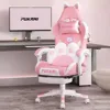 Pink Gaming Chair Cute with Cat Ears and Cat Paw Lumbar Cushion, Ergonomic Computer Chair for Girl with Footrest and Headrest, 1