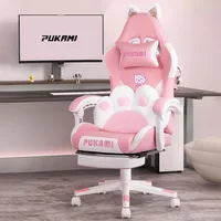 Pink Gaming Chair Cute with Cat Ears and Cat Paw Lumbar Cushion, Ergonomic Computer Chair for Girl with Footrest and Headrest, 1