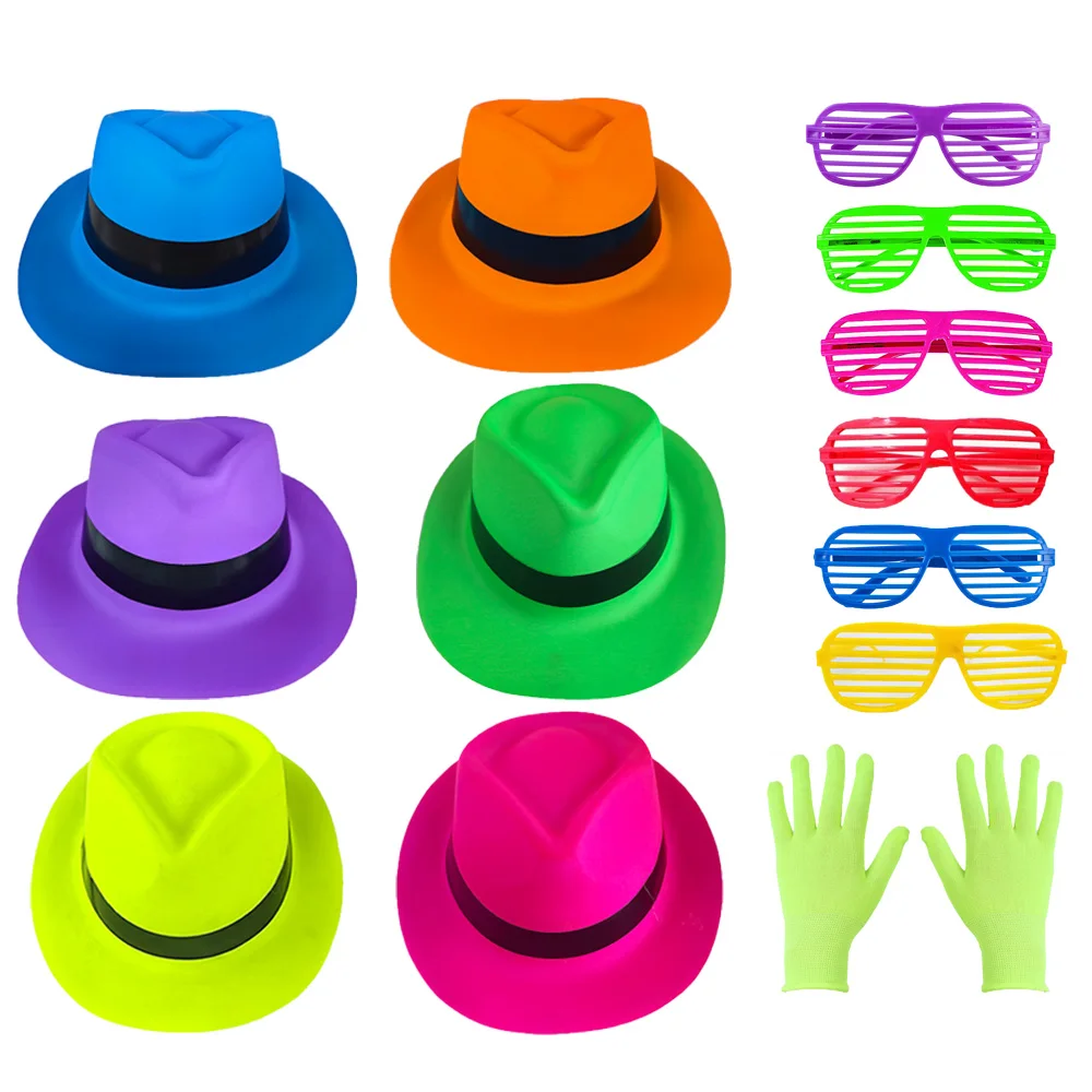 Neon Party Supplies Hats Gloves Glasses 80s 90s Disco Birthday Gangster Party Music Props Decor Yellow Pink Blue Orange