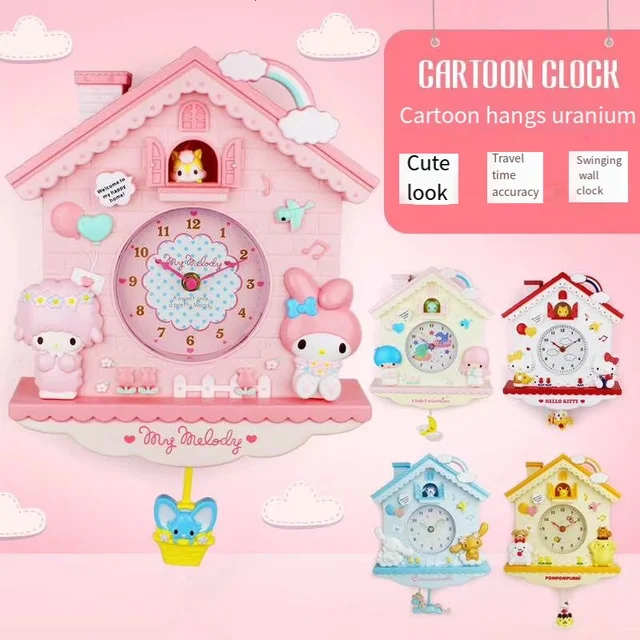 Kawaii Sanrio Accessories Hello Kitty My Melody Silent Wall Clock Cute  Anime Cartoon Children Bedroom Clock Decoration