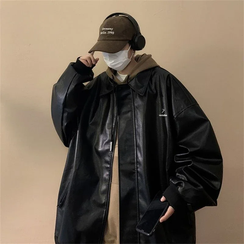

Korean style leather jacket men's spring and autumn new trendy brand PU leather jacket high street casual motorcycle jacket ins