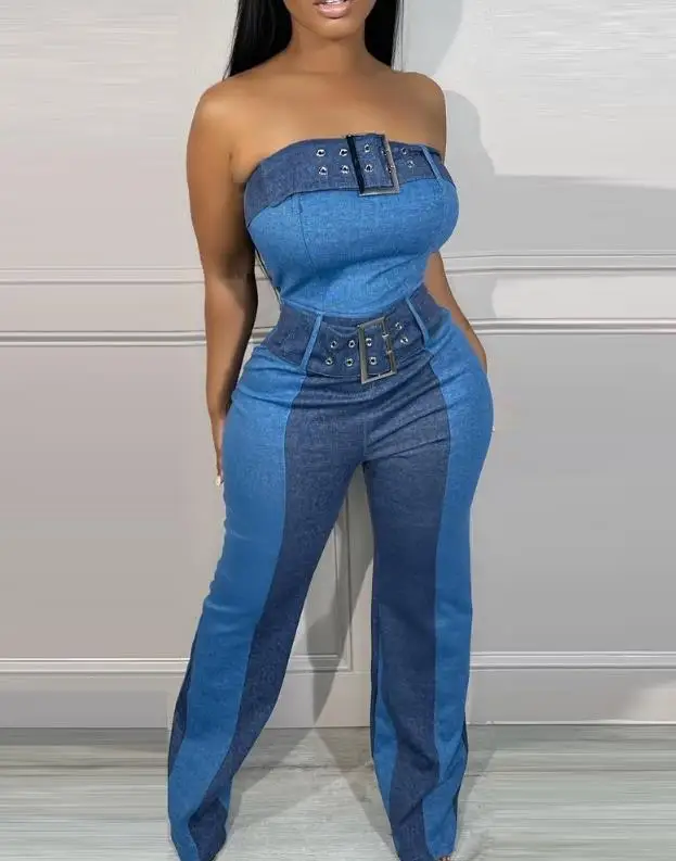 Women's Clothing Summer 2023 Sexy Commuting Jumpsuit Fashion Casual Denim Look Print Bandeau Buckled Eyelet Conjoined Body Pants