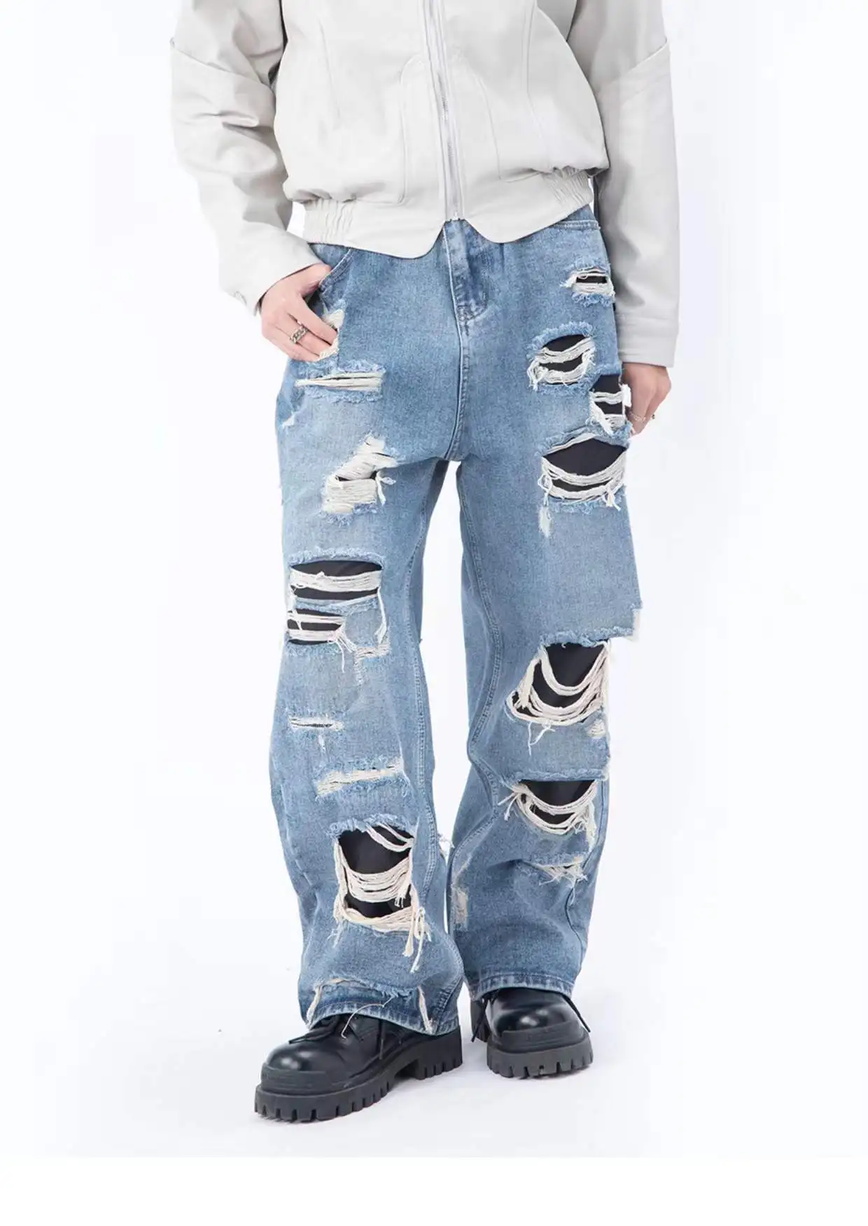 

Men's New Style Retro Street Beggar Ripped Patch Straight Jeans Men