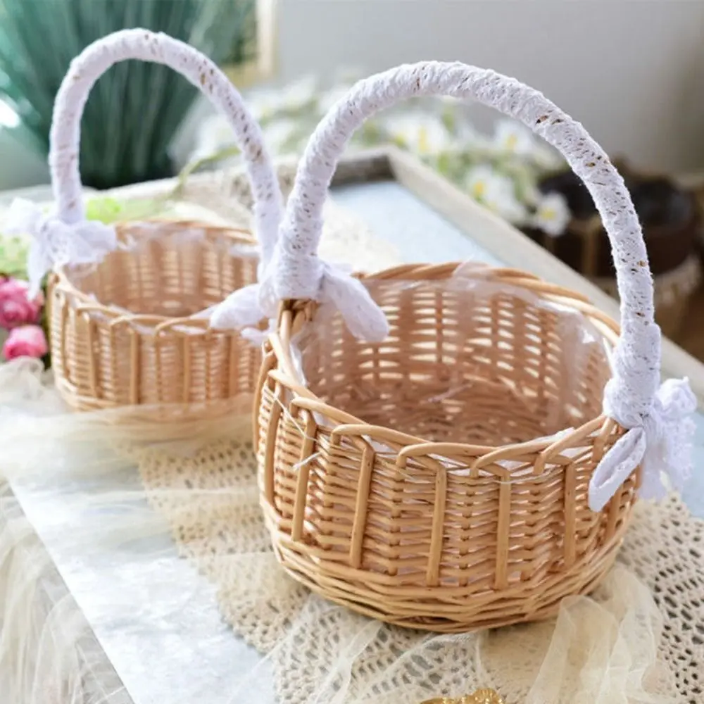 1Pc Exquisite Rattan Storage Basket Flower Pot Hand-woven Lace Bow Decoration Picnic Storage Baskets Wedding Supplies 2
