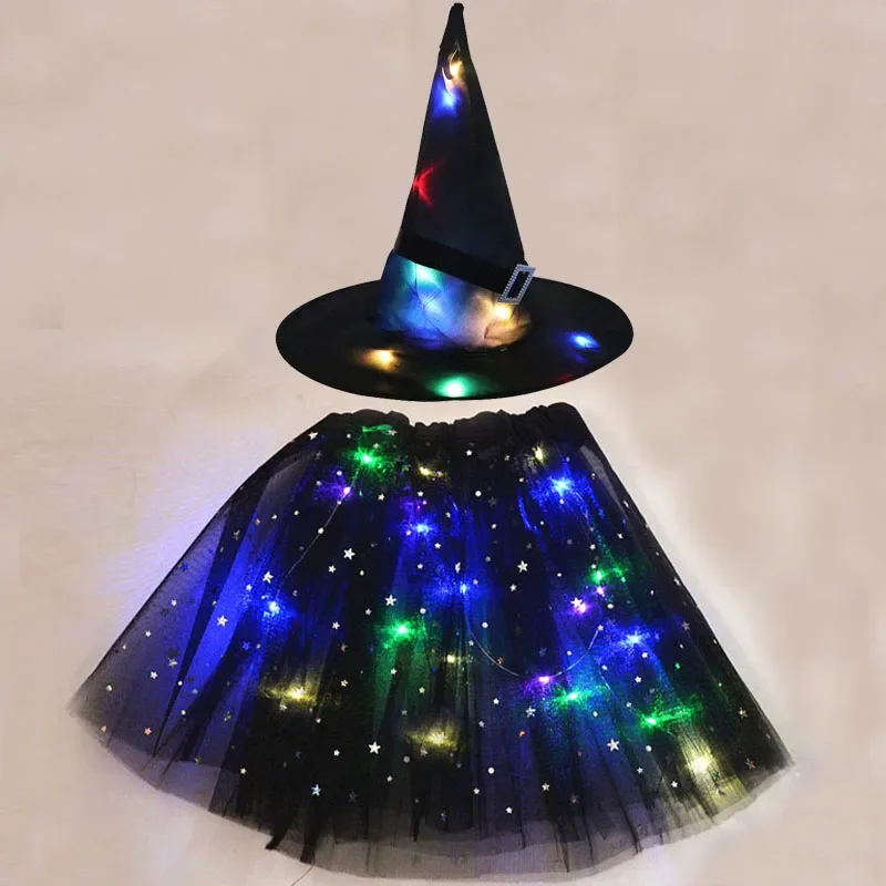 Cosplay Costume Halloween Dress Outfit Women Kids Girl Luminous LED Glow Lights Elf Witch Hat Star Skirt Spider Web Wizard Costume Party Gift Halloween Festival