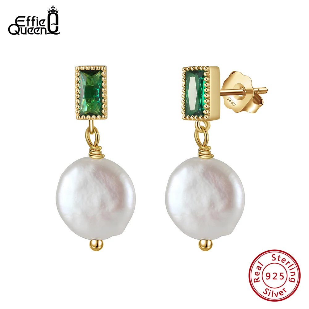 

Effie Queen 925 Sterling Silver Natural Baroque Pearl Dangle Earrings Fashion 4A Green Zircon Earrings for Women Jewelry GPE82