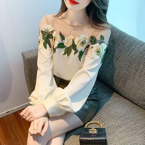 꽃 프린트 패치워크 얼룩 셔츠, 우아한 레이스 긴팔 셔츠, 한국 스타일 블라우스, 봄 여름 패션, 2023 2