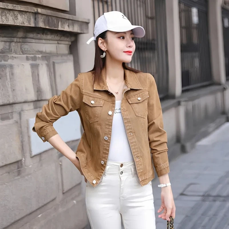 Women's Denim Jacket New Outerwear Small Stature Casual Solid Slim Fit And Long Sleeved Pockets Short Cowboy Jackets For Women