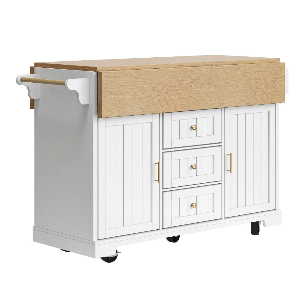 120 x 40 (80) x 95 cm Kücheninsel- und Buffetschrank – rollender doppelseitiger ausziehbarer Trolley, Türen + Schubladen, Handtuchhalter und Gewürzregal – Detail 33